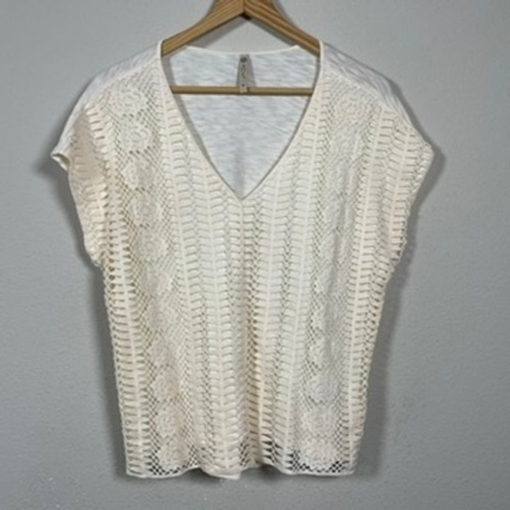 XCVI Crochet Lace Linen V-Neck Top Womens Medium White Boho Cap Sleeve Blouse